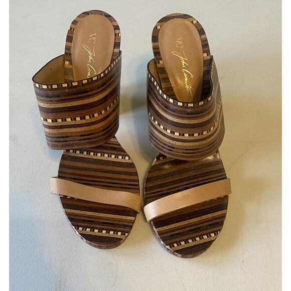 Vince Camuto Brown & Beige Becca Heel Slip On Leather Sandals Size 9 Wood tone - Picture 4 of 12